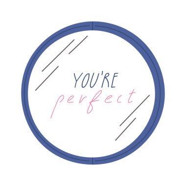 El çizimi tırnak içinde duvar aynası. Beyaz arka planda izole edilmiş, mükemmel bir düz vektör çizimisin. Elle çizilmiş ilham verici metin ya da harfler. Kişisel aşk ve vücut pozitifliği.