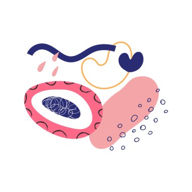 El çizimlerinin, çizgilerin ve dokuların renkli soyut bileşimi - beyazı izole edilmiş düz vektör çizimi. Moda tarzında geometrik elementler. Sevimli modern soyut kompozisyon.