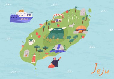 Jeju island map with landmarks, cartoon flat vector illustration. Korean island Jejudo - Hallasan mountain, waterfall, Haenyeo woman, Dol hareubang and Seongeup folk village.