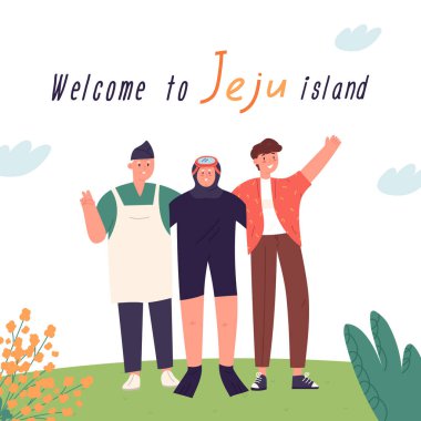 Welcome to Jeju island inscription with happy people, cartoon flat vector illustration. Haenyeo woman, tourist and market seller hugging and waving hands.