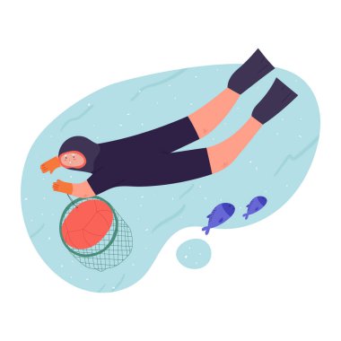 Haenyeo woman diving underwater with net and flotation device - flat vector illustration isolated on white background. Cute old lady fishing in wetsuit and diving mask. Korean Jeju island landmark.