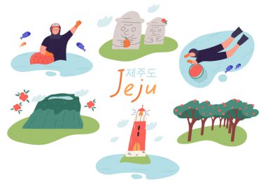 Jeju island landmarks set - Hallasan mountain, Dol Haerubang - flat vector illustration isolated on white background. Korean inscription of Jeju island. Haenyeo diver woman and lighthuse.
