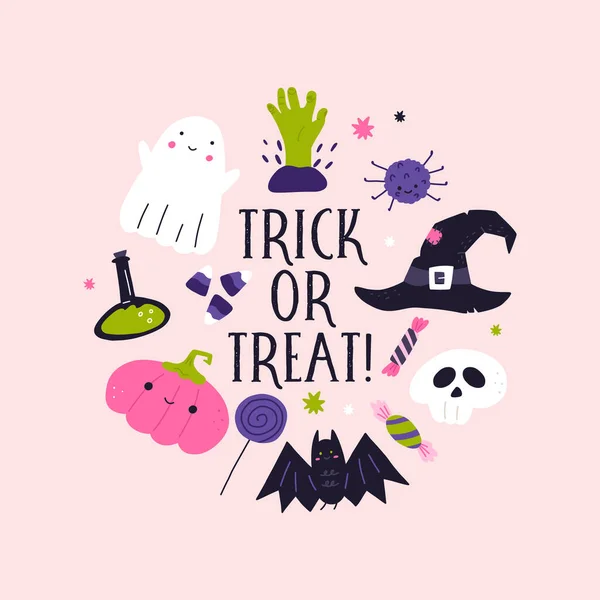 Trick Treat Szablon Plakat Halloween Kreskówka Płaski Wektor Ilustracja Różowym — Wektor stockowy