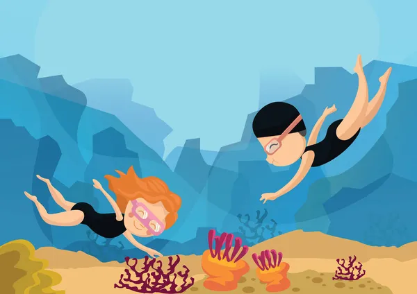 Búvármaszkos Lányok Úsznak Tengerben Vagy Óceánban Korallzátonyokat Figyelnek Egy Pár Stock Illusztrációk
