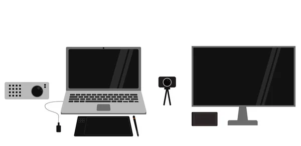 Conceito Infográfico Vetorial Plano Almofadas Desenho Laptops Estender Monitores Câmeras —  Vetores de Stock