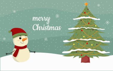 Mutlu noeller. Kış, izole edilmiş. Kardan adam ve Noel ağacı ile tatil tasarımı. Mutlu yıllar tebrik kartı. Düz Vektör İllüstrasyonu