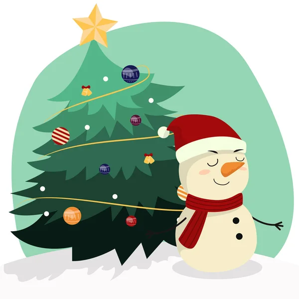 Süslü Noel ağacı ve yıldızlı sevimli kardan adam, dekorasyon baloları ve lambalar. Mutlu Noeller ve mutlu yıllar. Düz biçim vektör illüstrasyonu.