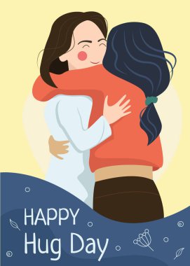 Happy Hug Day greeting card with young people hugging each other. Children embrace with love and smile at each other. Flat vector illustration