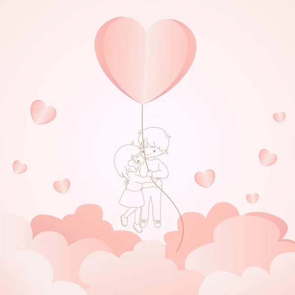 San Valentín Corazones Globos Con Pareja Volando Sobre Fondo Rosa — Vector de stock