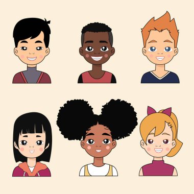 Farklı ülkelerden çocuk karakter avatarları. Kız ve oğlanın mutlu yüzleri. Vektör İllüstrasyonu