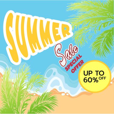 Yaz satış banner plaj arka plan üzerinde online alışveriş.