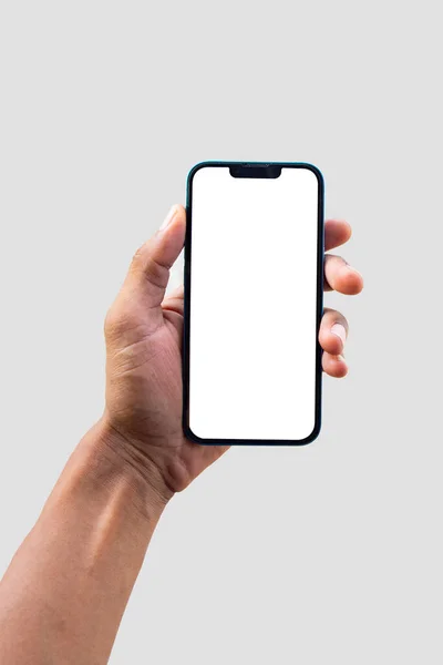 Akıllı Telefon iPhone 'u elinize alın ve beyaz arkaplanda cep telefonu uygulaması ya da web sitesi tasarımı için izole edilmiş