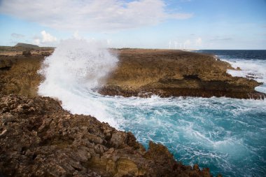 Kayalıklarda, kayalık kıyılarda ve okyanusta dalgalar kopuyor. Güzel sahil. Boka masası. Curacao