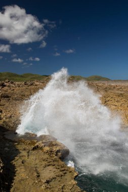 Kayalıklarda, kayalık kıyılarda ve okyanusta dalgalar kopuyor. Güzel sahil. Boka Tabancası
