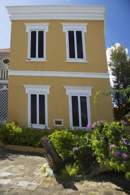 Güneşli bir günde bahçeli güzel bir ev.