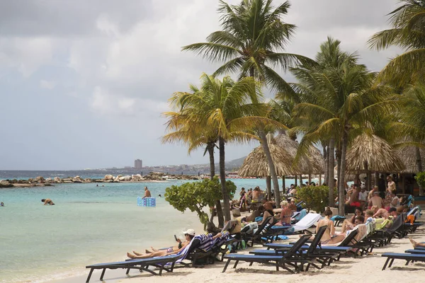 Beautiful Beach Palm Trees Tourists — Stock Photo, Image