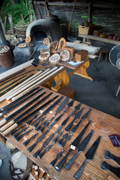 金属の先端と木製のハンドルを持つ中世の槍 古代人の武器の屋外展示 — ストック写真