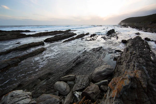 Untouched Coastal Landscape Breaking Waves Rocks Dense Forest Hills — Stockfoto