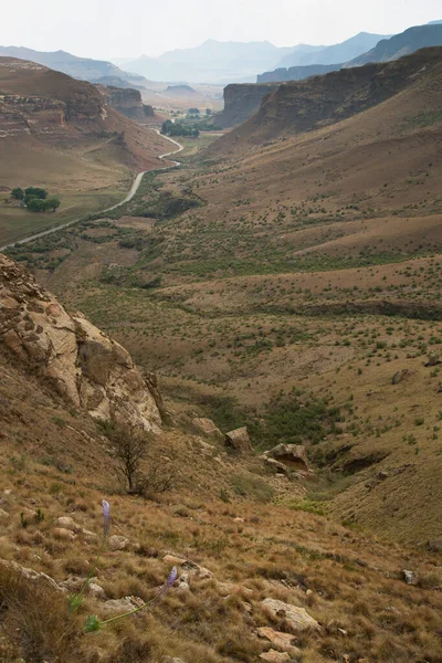 Paisagem Montanhosa Panorâmica Das Terras Altas Com Gramíneas Secas Matagais — Fotografia de Stock