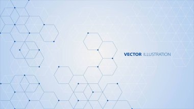 Soyut mavi arka plan teknolojisi. Bal petekli bir poster tasarımı. Çizgiler, noktalar ve altıgen desenli doku. Bilgi ağı. Dijital iletişim. Hücreler, veri depoları. Vektör