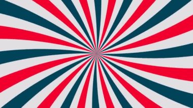 Retro dairesel animasyon. Dalgalar spiral şeklinde hareket ediyor. Hipnoz seansı. Sirk afişi. Radyal mavi-kırmızı çizgilerin dokusu, vatozlar. Bükülme bantlarının tasarımı. Güneş ışığının sembolü.