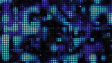 Mozaik arka planın animasyonu. Rastgele desenler, geometrik şekillerin hareketleri, düzgün kareler. Dijital ağ, hücreler. Piksel, tetris. Enerji yığını. Pürüzsüz mavi renk akıyor. 4k.