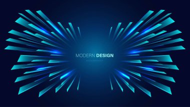 Mavi arkaplanda soyut neon çerçeve. Geometrik şekillerden ve keskin çizgilerden oluşan değişken kanatların dizaynı. Çizgi dokusu, yıldız düşüşü. LED şerit. Sosyal ağlar, tıp ve teknoloji afişi.