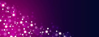 Teknoloji arkaplan çerçevesi. Altıgenlerin dizaynı, çizgilerle birbirine bağlı hücreler. Neon parıltısı, yıldızlar. Dijital ağ. Moleküllerin pleksi. Kimya bilimi. Banner sosyal ağlar, web siteleri, tıp. Vektör