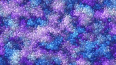 Baloncukların animasyon mozaik arka planı. Köpük hareketinin çizimi, kaotik toplar. Parçacıkların bağlantısı. Enerji yığını. Mavi-mor rengin pürüzsüz akışı. 4k