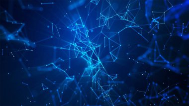 Soyut neon mavi arkaplan. Hasarlı ağ, pleksus, bağlantılar tasarla. Dalgalı desenli noktalar ve çizgiler, parlak bir çerçeve. Dünya Çapında Ağ. Poster teknolojisi, tıp, web siteleri.
