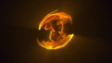 Animasyon neon turuncu enerji küresi. Hareket eden mikroparçacıklar daire içinde. Parlayan şimşekler, yıldızlar. Parlak dış uzay. Dönen noktalar. Ateş, Ateş. Logo, teknoloji, tıp geçmişi. 4k