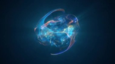 Animasyon mavi-turuncu enerji küresi. Hareket eden mikroparçacıklar daire içinde. Parlayan şimşekler, yıldızlar. Uzay boşluğu. Dönen noktaların deseni. Ateş ve buz. Arkaplan logosu, teknoloji, tıp. 4k