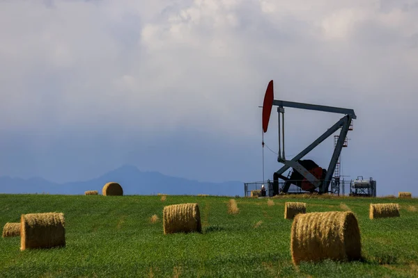 Uma Bomba Óleo Alberta Canadá Pumjack Óleo Acionamento Subterrâneo Para — Fotografia de Stock