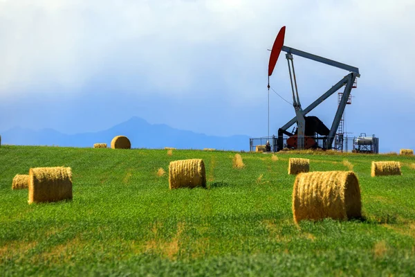 Uma Bomba Óleo Alberta Canadá Pumjack Óleo Acionamento Subterrâneo Para — Fotografia de Stock