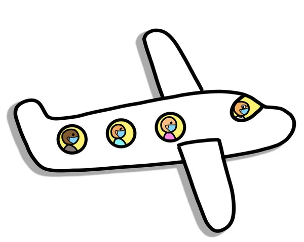 Kölcsönös Etnikai Csoportokkal Rendelkező Orvosi Védőmaszkot Viselő Repülőgép Amely Vakáción — Stock Fotó