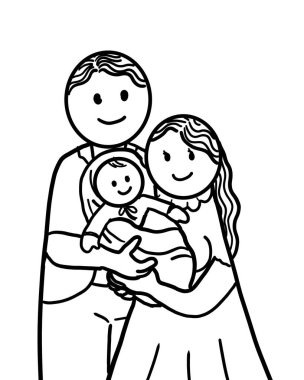Bebekli mutlu bir aile. Genç ebeveynler kucağında bir bebek taşıyorlar. Görüntü siyah beyaz ana hatlı çizim.