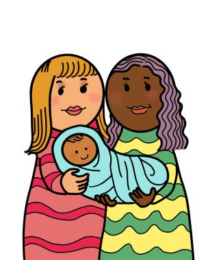Bebekli mutlu bir aile. Bebeklerini kucağında tutan genç anne ve baba lezbiyen çift. Çok ırklı, çok ırklı eşcinsel aile kavramı. Resim çizimi beyaz arkaplanda izole edildi.