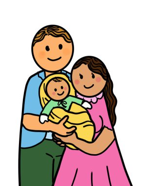 Bebekli mutlu bir aile. Genç ebeveynler kucağında bir bebek taşıyorlar. Resim çizimi beyaz arkaplanda izole edildi.
