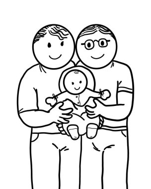 Bebekli mutlu bir aile. Genç erkek ve eşcinsel çift kucağında bir bebek tutuyorlar. Gay gururu, lgbtq aile hakları kavramı. Resim çizimi beyaz arkaplanda izole edildi.