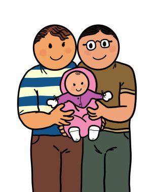 Bebekli mutlu bir aile. Genç erkek ve eşcinsel çift kucağında bir bebek tutuyorlar. Gay gururu, lgbtq aile hakları kavramı. Resim çizimi beyaz arkaplanda izole edildi.