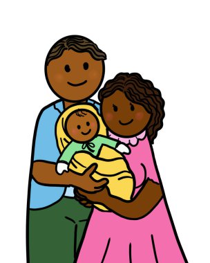 Bebekli mutlu bir aile. Genç ebeveynler kucağında bir bebek taşıyorlar. Çok ırklı, çok ırklı, Afro-Amerikan etnik köken ve çeşitlilik kavramı. Resim çizimi beyaz arkaplanda izole edildi.