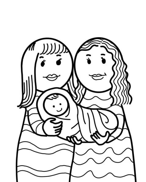 一个有孩子的快乐的年轻家庭 这对年轻的父母是抱着孩子的女同性恋者 说明黑白轮廓图 — 图库照片