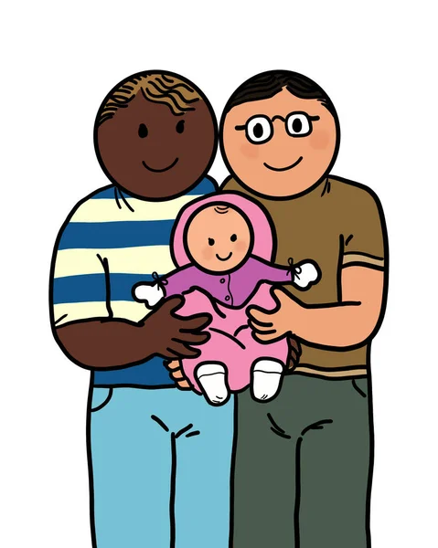 Μια Ευτυχισμένη Οικογένεια Ένα Μωρό Νεαροί Πολυεθνικοί Άντρες Γκέι Γονείς — Φωτογραφία Αρχείου