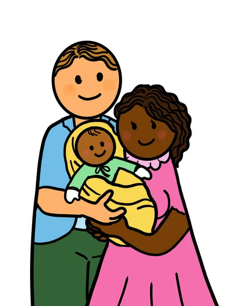 Bebekli mutlu bir aile. Genç ebeveynler kucağında bir bebek taşıyorlar. Çok ırklı, çok ırklı, Afro-Amerikan ve Kafkasyalı beyaz ırk ve çeşitlilik kavramı. Resim çizimi beyaz arkaplanda izole edildi.
