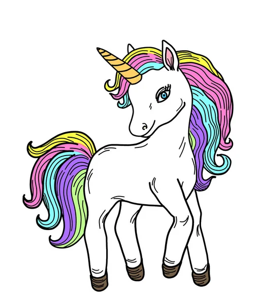 A white unicorn with colorful rainbow haired isolated on white background. Children fantasy, fairytale and mythology concept.