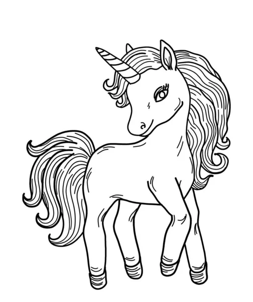 Happy Unicorn Black White Outline Drawing Children Fantasy Fairytale Mythology — Stock Fotó