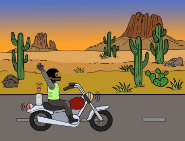 Arizona, ABD 'de çölde bir otoyolda elektrikli bir motorsikletin üzerinde oturan bir motosikletli. Gelecekçi özerklik aracı kavramı.
