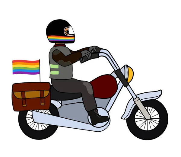 Gejowski Motocyklista Lub Kierowca Noszący Tęczowy Kask Jeżdżący Motorze Flagą — Zdjęcie stockowe