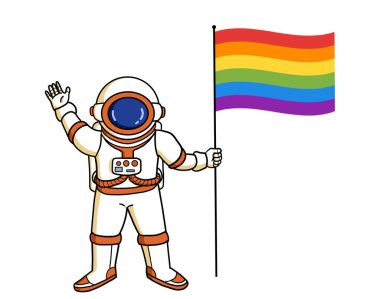 Eşcinsel gökkuşağı bayrağı taşıyan bir astronot. LGBTQ kazananı liderlik ve çeşitlilik kavramı.