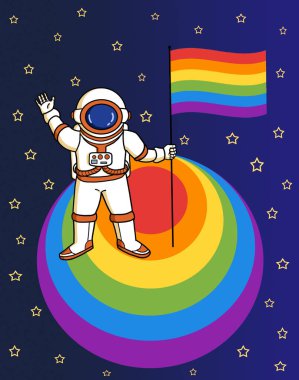 Eşcinsel bir gezegende elinde gökkuşağı bayrağı tutan bir astronot. LGBTQ kazananı liderlik ve çeşitlilik kavramı.